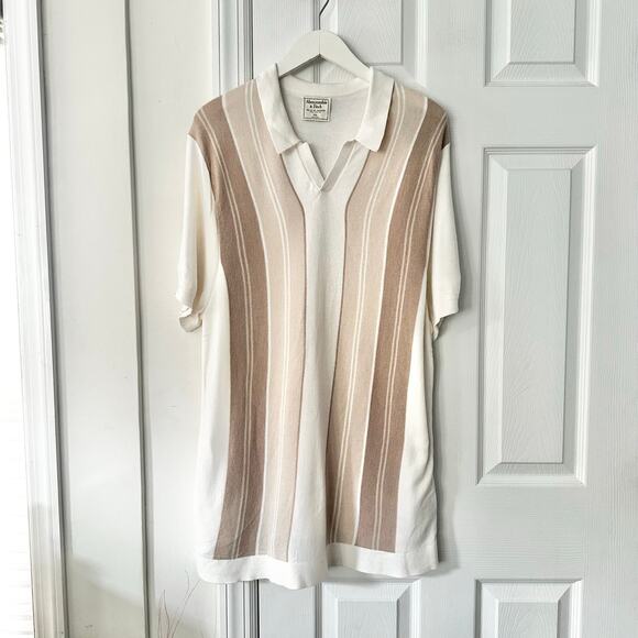 Abercrombie Fitch White Beige Tan Stripe Button Up Knit Polo Collared Shirt XXL - Picture 2 of 11
